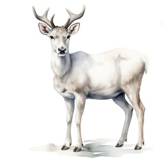 Fototapeta premium The image shows a white deer with antlers, depicted in a watercolor painting style against a white background.