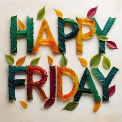 word "Happy Friday" written with leaves. Monday vibes.