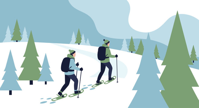 Adventurous friends explore snowy forest trails with snowshoes and backpacks