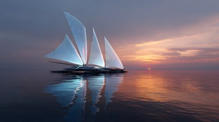 Stunning Sailboat at Beautiful Sunset: Tranquil Waters Reflecting Modern Design Yacht in Expansive Sky, Coastal Lifestyle Photography for Sailing Enthusiasts and Marine Adventures