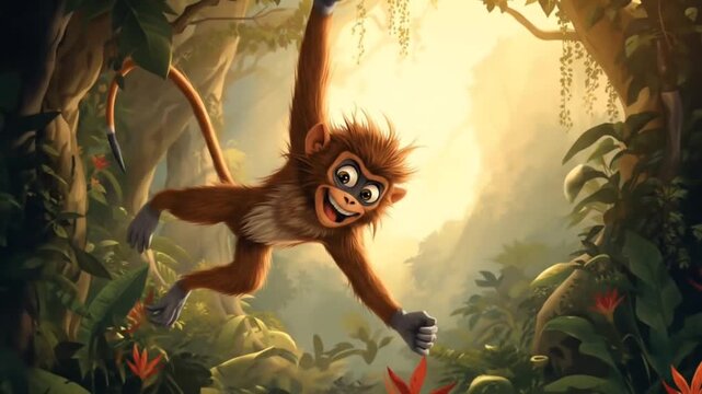A monkey swinging from tree to tree in the jungle.