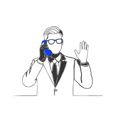 Sleek continuous line art of a professional man with blue glasses and phone, making a call and waving, representing modern business communication, connection, and greeting