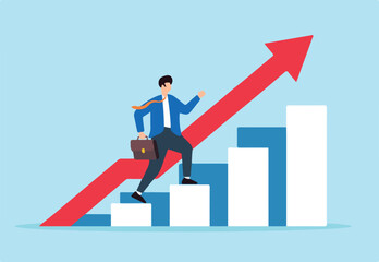 Flat illustration of businessman walk up growth chart staircase symbolizing progress toward success