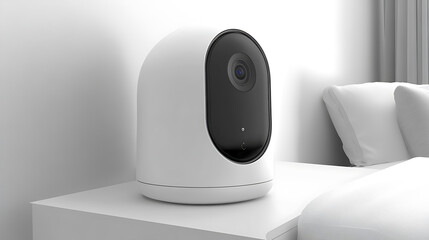 Modern Security Camera on Nightstand in Minimalist Bedroom