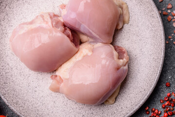 Chicken or turkey raw thigh fillet, skinless and boneless poultry meat. Chicken thigh fillet