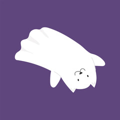 An illustration of a silly cat ghost on a purple background. Cute Halloween character