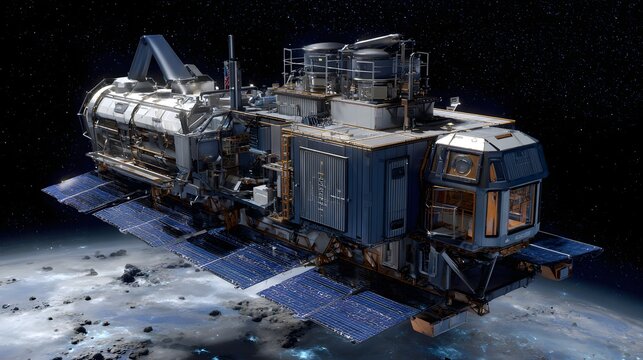 Futuristic Spacecraft and Space Station with Solar Panels: Interstellar Travel Technology in Astrophysics, Rocket Engine for Space Exploration and Engineering in 3D Cosmic Scenery - Powered by Adobe