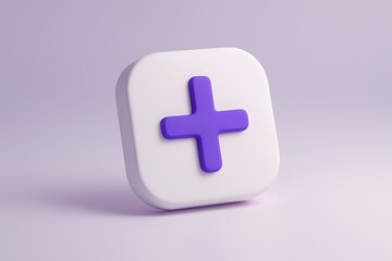 Fototapeta premium Minimalist 3d render of a rounded rectangular icon featuring a purple plus sign