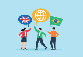Flat illustration of diverse people using different languages with global icons for multilingual communication and connection