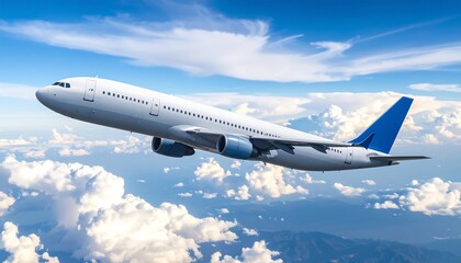 Fototapeta premium A white passenger plane soars across a vibrant blue sky filled with fluffy white clouds and a glimpse of earth below