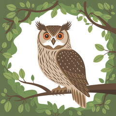 Owl in Forest Branch Vector Illustration – Wild Bird of Prey Emblem with Green Leaves for Nature and Wildlife Design

