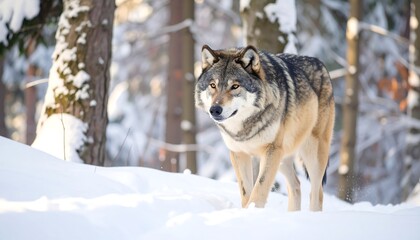 Obraz premium A wolf strides purposefully through deep, pristine snow, its thick fur providing insulation against the cold winter forest. Sunlight filters through the trees, illuminating the snow-covered landscape