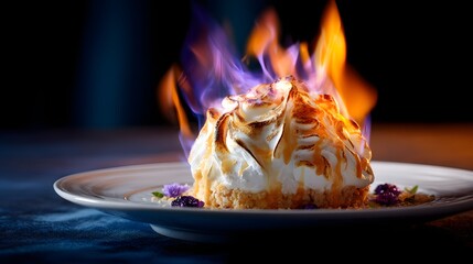 Flaming Meringue Dessert: Elegant Flambé Artistry in Chef's Specialty with Creative Plating, Colorful Flames, and Sweet Indulgence - A Gourmet Food Photography Delight