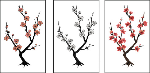 Set of artistic cherry blossom trees with pink and red flowers, traditional Asian style floral illustration, spring bloom, isolated on white background