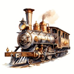 Naklejka premium The illustration shows a meticulously detailed vintage steam locomotive, complete with copper boiler and ornate accents, moving along railway tracks.