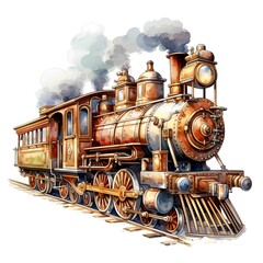 Naklejka premium A detailed watercolor-style illustration shows a vintage steam locomotive train moving along the tracks, emitting smoke from its smokestack.