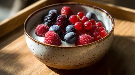 Vibrant Summer Fruits Bowl: Raspberries, Blueberries, Blackberries, Red Currants with Smooth Yogurt on Wooden Tray - Healthy Breakfast or Nutritious Snack with Organic Ingredients
