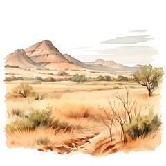 The illustration shows a watercolor painting of a flat savanna landscape with distant mesas and some scattered vegetation, painted in warm earthy tones.