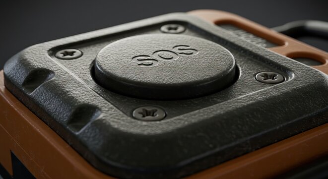 Closeup of a dark textured SOS button on an orange and black device secured with four screws