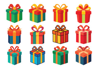 Colorful Gift Box Collection with Ribbons and Bows for Celebrations and Holidays