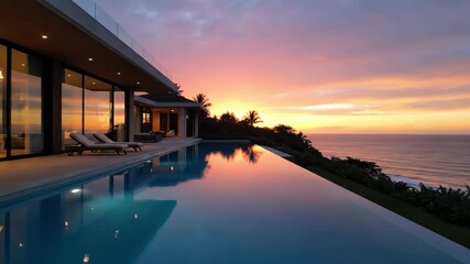 Luxury villa with infinity pool reflecting vibrant ocean sunset, a dream vacation destination in paradise with seamless indoor outdoor living