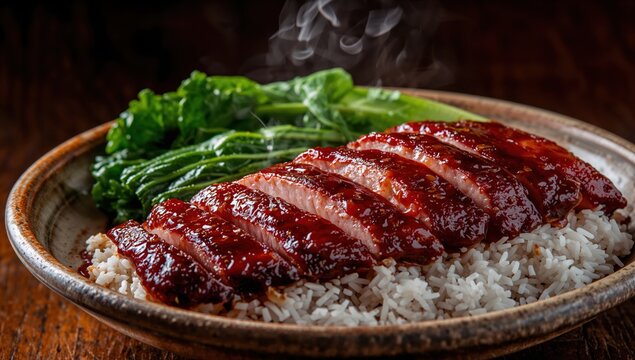 Glazed char siu pork served with rice and bok choy steaming warmly