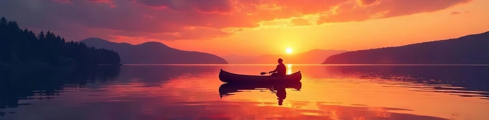 Fototapeta premium Silhouette of a canoe on a calm lake at sunset, reflecting the vibrant colors of the sky Perfect for travel, nature, and serenity themes , water reflection, relaxation