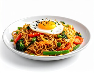 A plate of fried noodles with vegetables, topped with a sunny-side-up egg and sesame seeds for a perfect meal.
