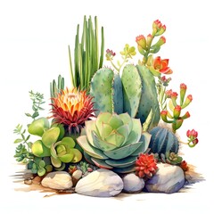 The illustration shows various succulents and cacti, including prickly pear, echeveria, and others, artfully arranged amongst stones, in a bright watercolor style.