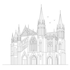 Naklejka premium Gray-Scale Line Drawing of Gothic Cathedral