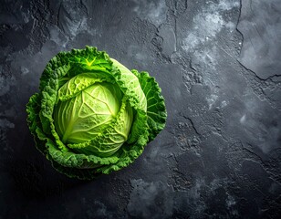 Top view of fresh green cabbage on dark textured concrete surface, rustic minimal style, vibrant leafy texture, healthy organic food concept.