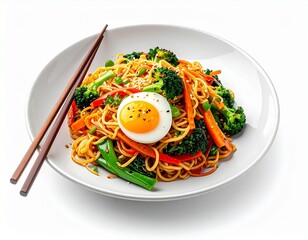 stir-fried noodles mixed with fresh vegetables like broccoli, beans, peppers, and peas, seasoned with spices and sesame seeds for a vibrant and flavorful meal.