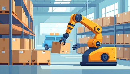 Animated view of a robotic arm placing a cardboard box in a warehouse with shelves filled with boxes, a van parked in the background. The scene uses pastel shades and smooth vectors