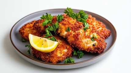 Fototapeta premium Crispy breaded fried fish fillets garnished with fresh parsley and lemon wedges served on a white plate for delicious seafood meal