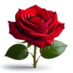 Vivid red rose with green leaves on a white background