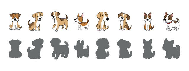 Cute Cartoon Dog Breed Collection in Color, Silhouette, and Line Art Styles
