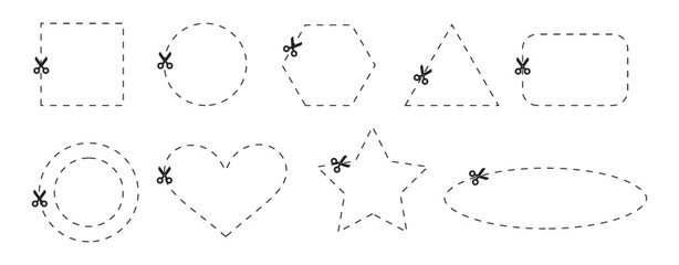Cut here scissors icons with dotted circle and geometric outline shapes. Coupon or discount section trim marks. PNG