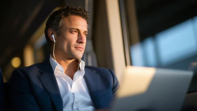 A businessman maximizes productivity on a train, reviewing charts on his laptop during golden hour, seamlessly blending work and travel.