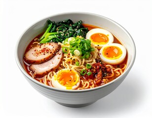 A bowl of ramen featuring springy noodles in a rich, spicy broth, topped with soft-boiled eggs, tender slices of beef, fresh greens, scallions, and a sprinkle of chili 