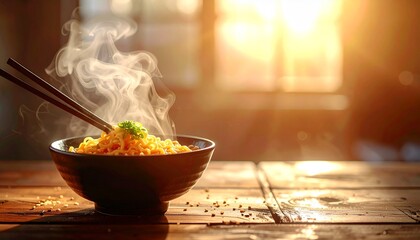 Hot ramen, garnished with fresh greens, sits on a wooden table, emitting steam in a warmly lit restaurant.