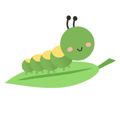Cute Green Caterpillar Cartoon on Leaf Vector Illustration