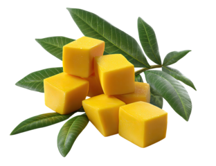 Fresh mango cubes, vibrant yellow, on leaves