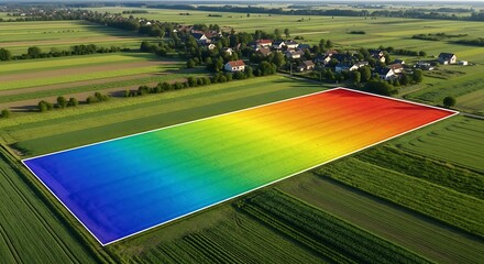 Precision agriculture concept showing an aerial drone view of a farmland with a colorful data visualization overlay for crop health analysis