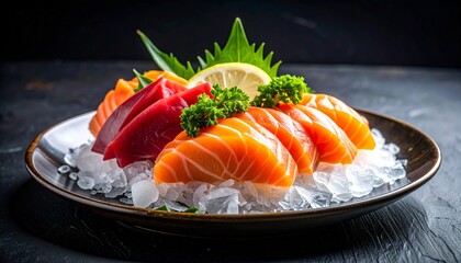 An ultra-realistic, dramatic shot of fresh Japanese sashimi with vibrant salmon and tuna slices served on a bed of ice in a fine dining presentation against a dark background.

