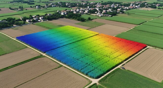 Advanced precision agriculture showcasing a drone survey map with digital data analysis overlaid on a rural farm field from an aerial view