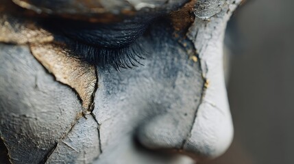 Obraz premium Close-Up Portrait of Unique Beauty Face Art with Eye Makeup and Golden Accents – Ethereal Abstract Design with Soft Lighting and Mixed Media for Fine Art Photography