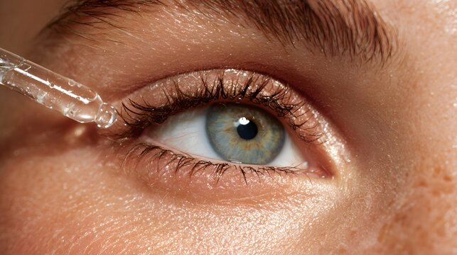 Eye Care Serum Application Close-Up: Enhance Blue Eye Beauty with Eyelash Boosting Hydrating Serums for Radiant Skin Routine and Moisturizing Drops Cosmetic Procedure
