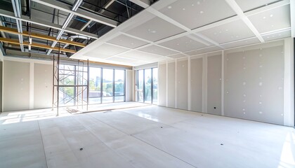 Bright, spacious interior under construction. Wallboards & ceiling panels are in place, but open ceiling structure visible above. Scaffolding near a large window. Light floods the room