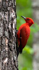 Vivid red woodpecker on tree trunk