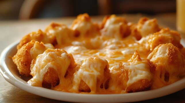 Crispy, cheesy bites arranged in a circle. Melted cheese drizzles over